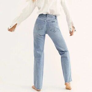 ROLLAS jeans original high rise straight g'day mate light wash 32 raw hem blue